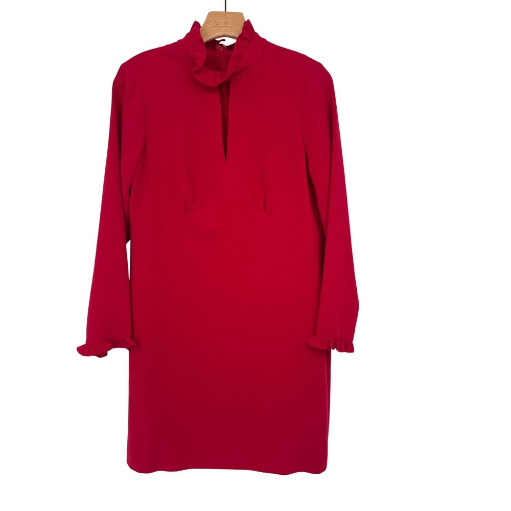 Shoshanna red Long Sleeve Ruffle Mock Neck Dress key hole Size 8 womens new